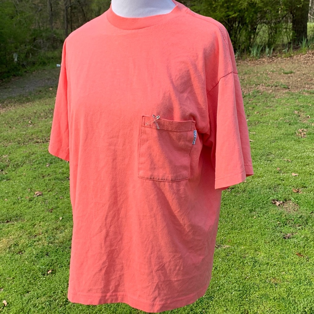 Vintage Salmon Pink Peach Pocket Tee S/M Cropped Cute Comfy Basic Bright T-Shirt
